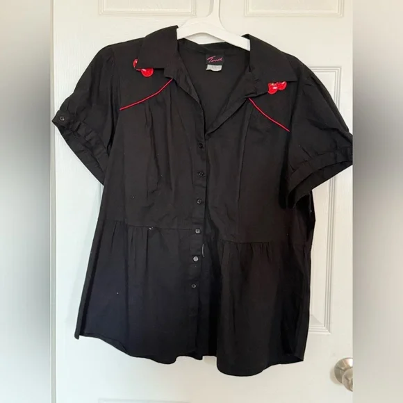 Torrid Black Button Down Shirt with Red Cherry Accents - Picture 2 of 11